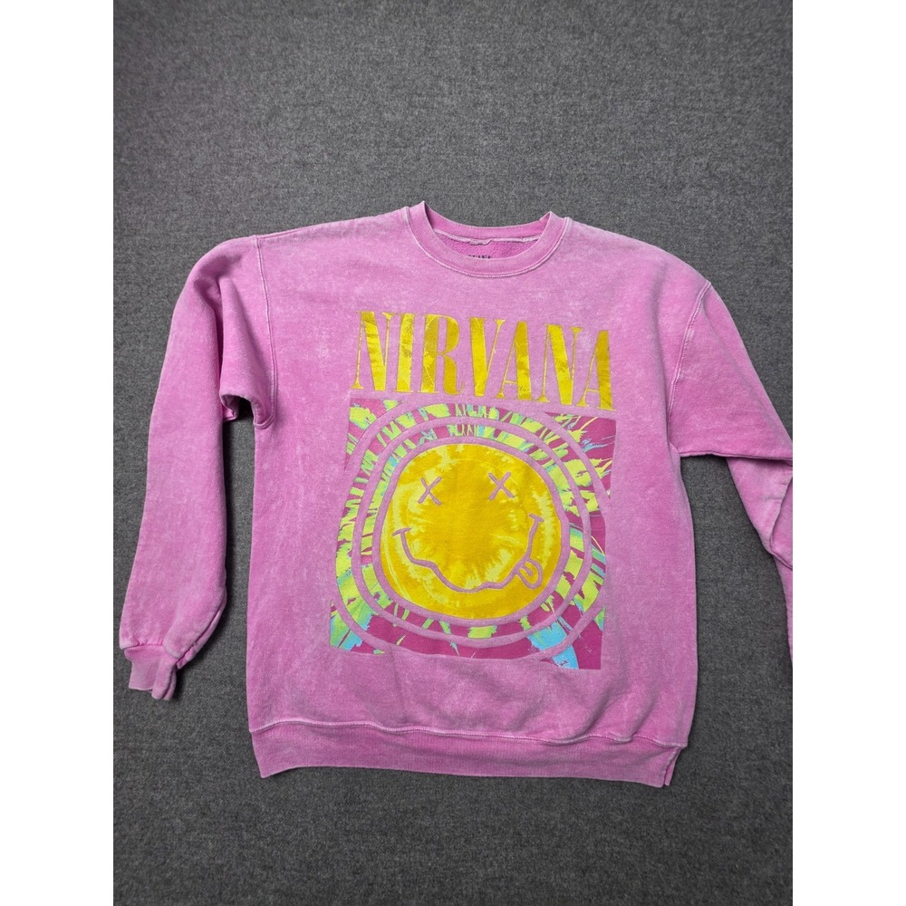 Nirvana Smiley Face Graphic Sweatshirt Womens Medium Pink Acid Wash Pullover